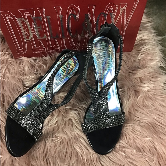 Black Rhinestone Heels T Strap Stiletto Heel - Picture 1 of 7